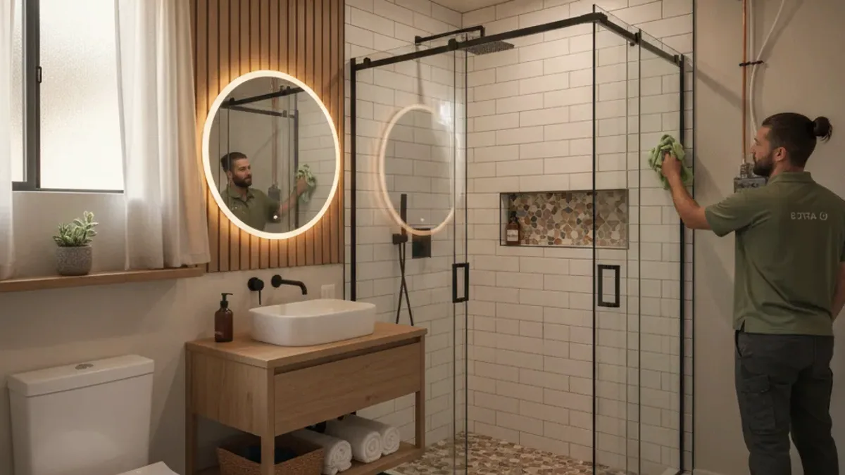 Bathroom with a vessel sink on a wood vanity, a round lit mirror, and a black-framed glass shower