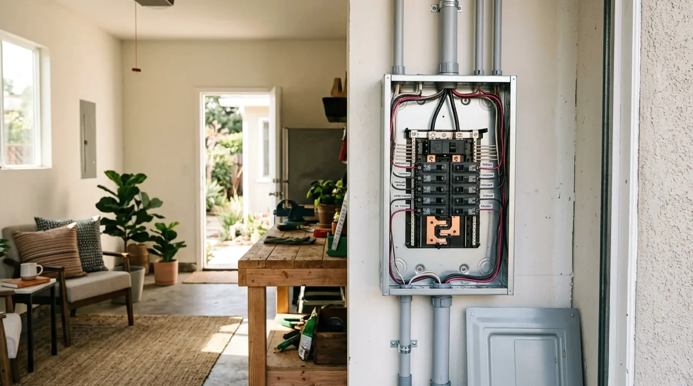 Open breaker panel with labeled breakers and conduit, beside a workbench and an open door