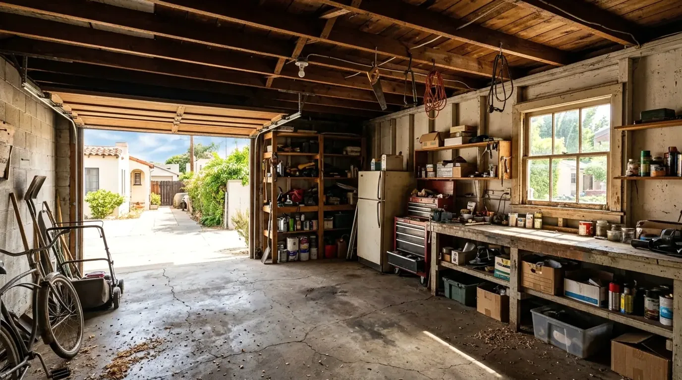 Open garage with exposed ceiling joists, a workbench, tool shelves, and the door rolled up to the driveway