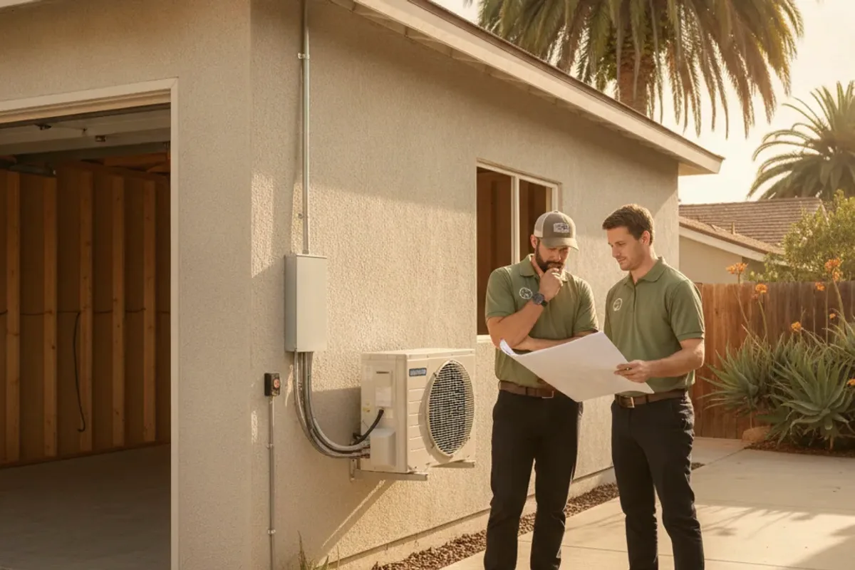 Two people looking at plans beside an open garage.