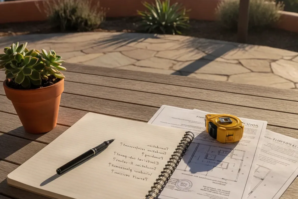 A notebook, plans and a measuring tape on a table.