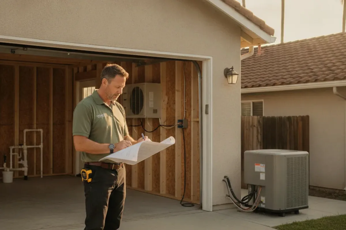 A person reviewing plans beside an open garage.