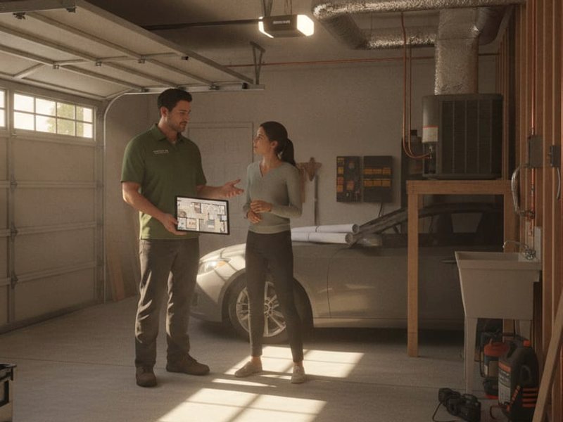 Two people discussing a plan inside a garage