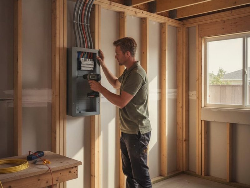 Person working at an electrical panel in an unfinished framed room