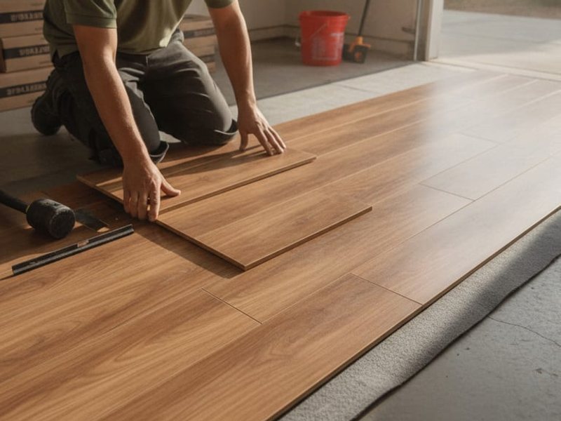 Person installing wood-look flooring on a garage floor