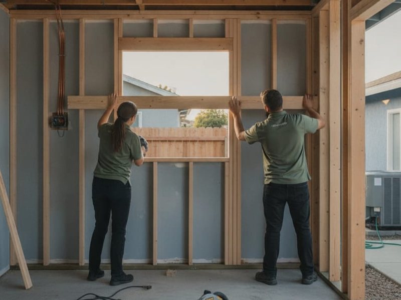 Two people working on framing around a window in a garage opening