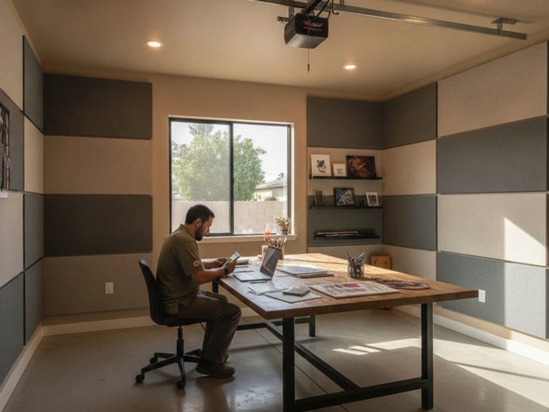 Person seated at a worktable in a finished studio space