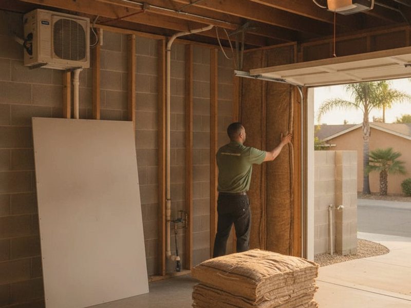 Person working inside a framed garage with insulation materials nearby