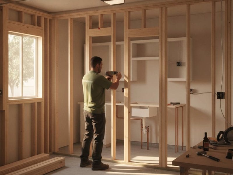 Person working on wall framing in an unfinished room