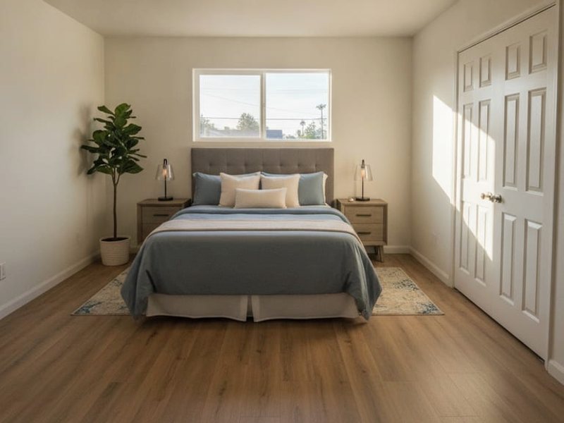 Finished bedroom with a bed, window, and wood flooring