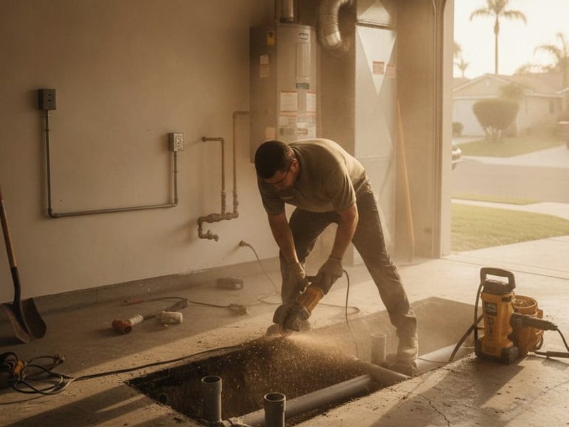 Person working beside an opening in a concrete garage floor